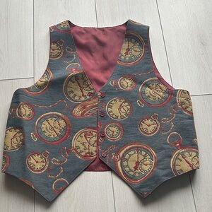 Unique Vintage Gray and Gold Clock Pattern Vest